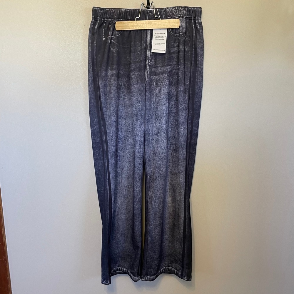 MILA ROSABELLA Denim Print‎ Sweatpants Track Pants Washed Black Y2K Wide Leg Lg